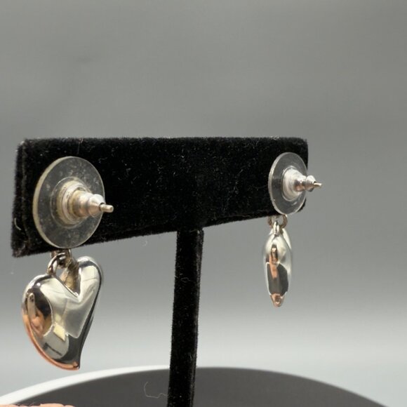 Silver Tone Double Puffy Heart Drop Dangle Pierced Post Earrings 1" - Picture 4 of 8